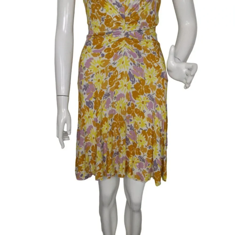 FREE PEOPLE Dress, M, Soft Ribbed, Plunging V,  Yellow/Purple Floral, Cap sleeve - Picture 9 of 14